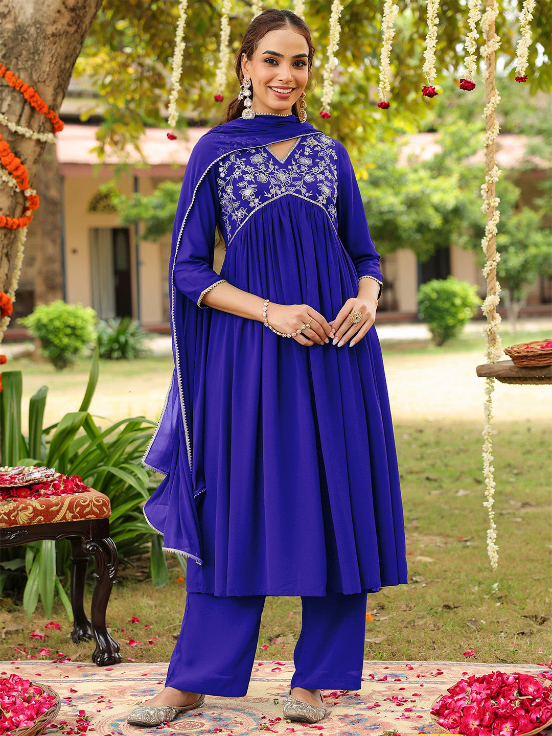 Naari By Shree Women's Royal Blue Georgette Zari Yoke Embroidered A-line Kurta With Palazzo & Dupatta Set