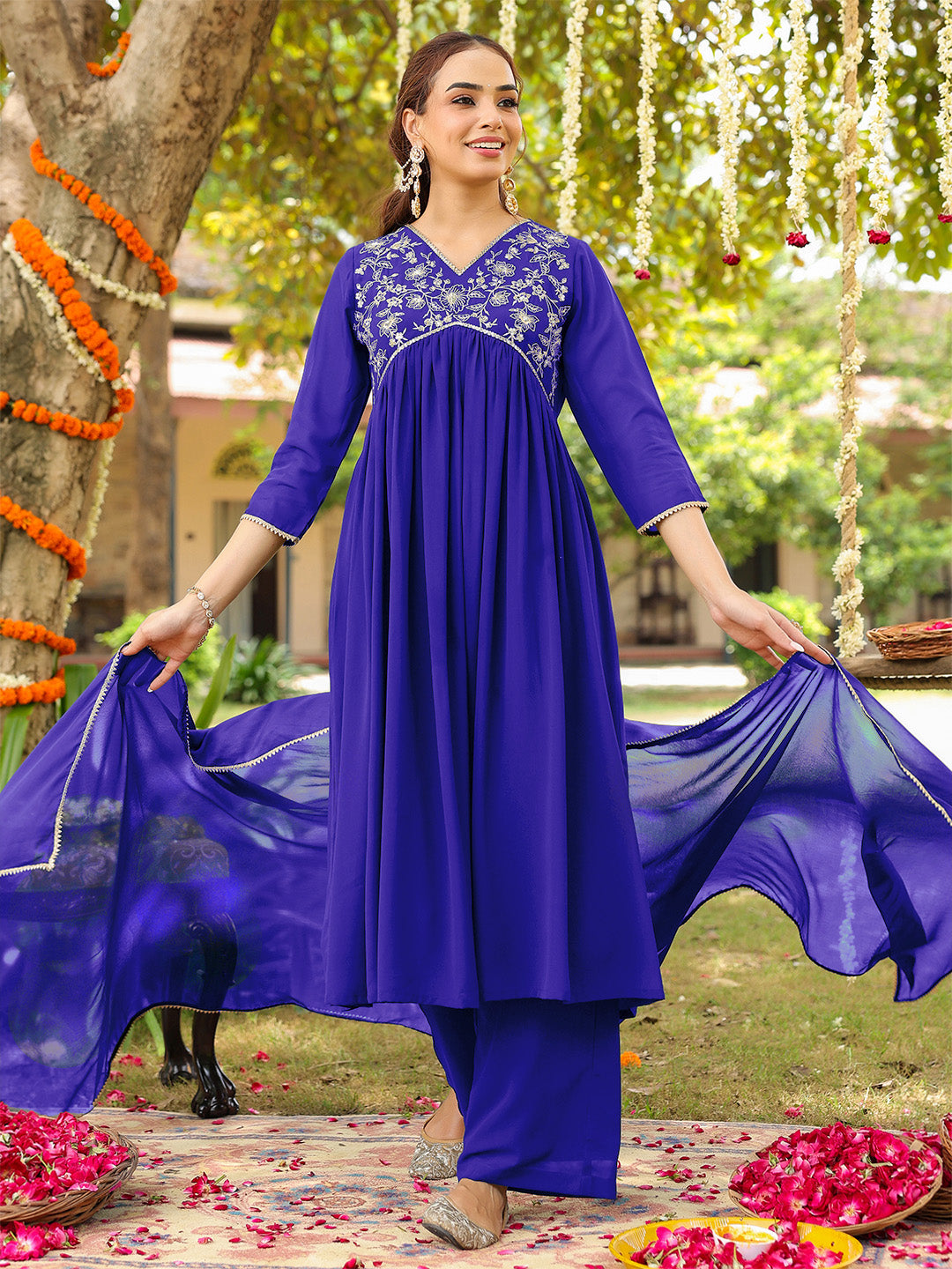 Naari By Shree Women's Royal Blue Georgette Zari Yoke Embroidered A-line Kurta With Palazzo & Dupatta Set