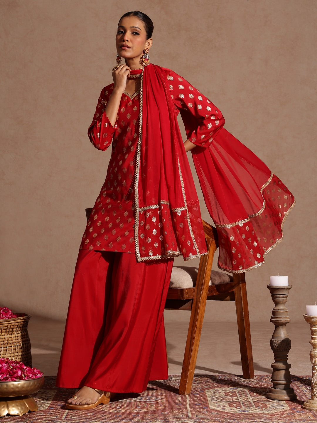 Naari By Shree Women's Maroon Chanderi Silk Embellished Gold Printed Kurta With Sharara & Dupatta Set