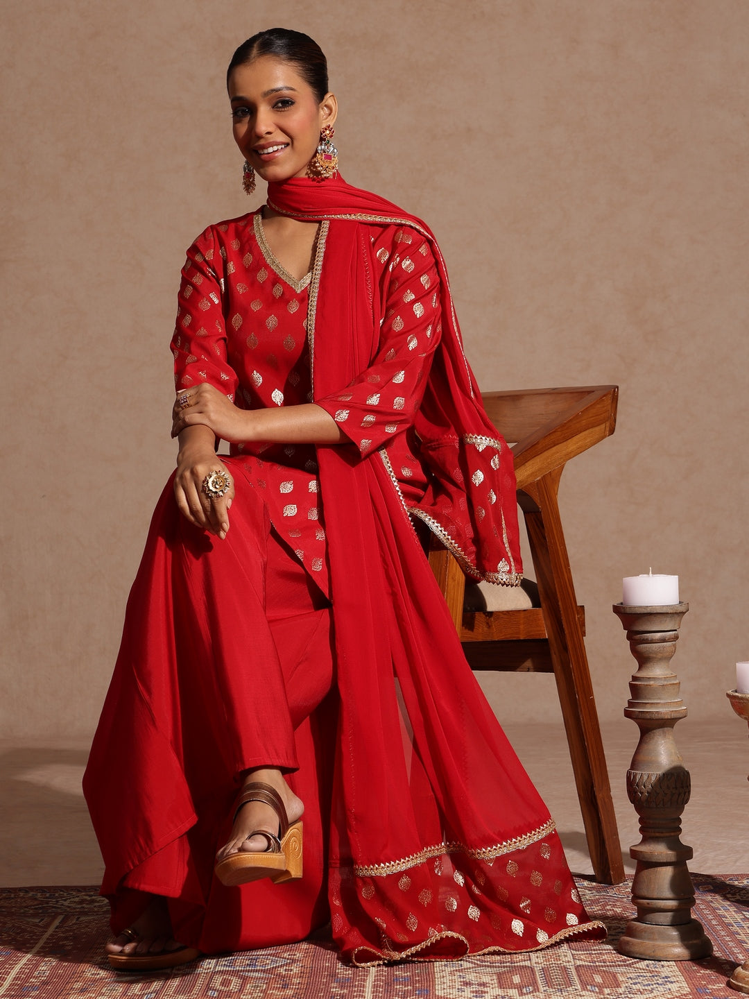 Naari By Shree Women's Maroon Chanderi Silk Embellished Gold Printed Kurta With Sharara & Dupatta Set