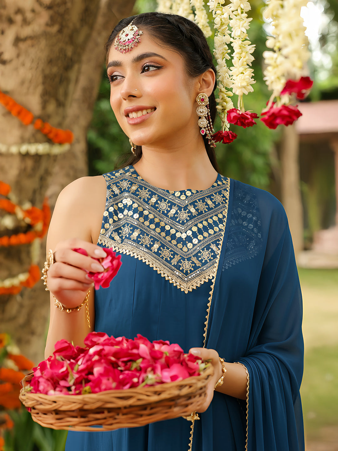 Naari By Shree Women's Teal Blue Chanderi Silk Embellished Anarkali Kurta Set With Dupatta