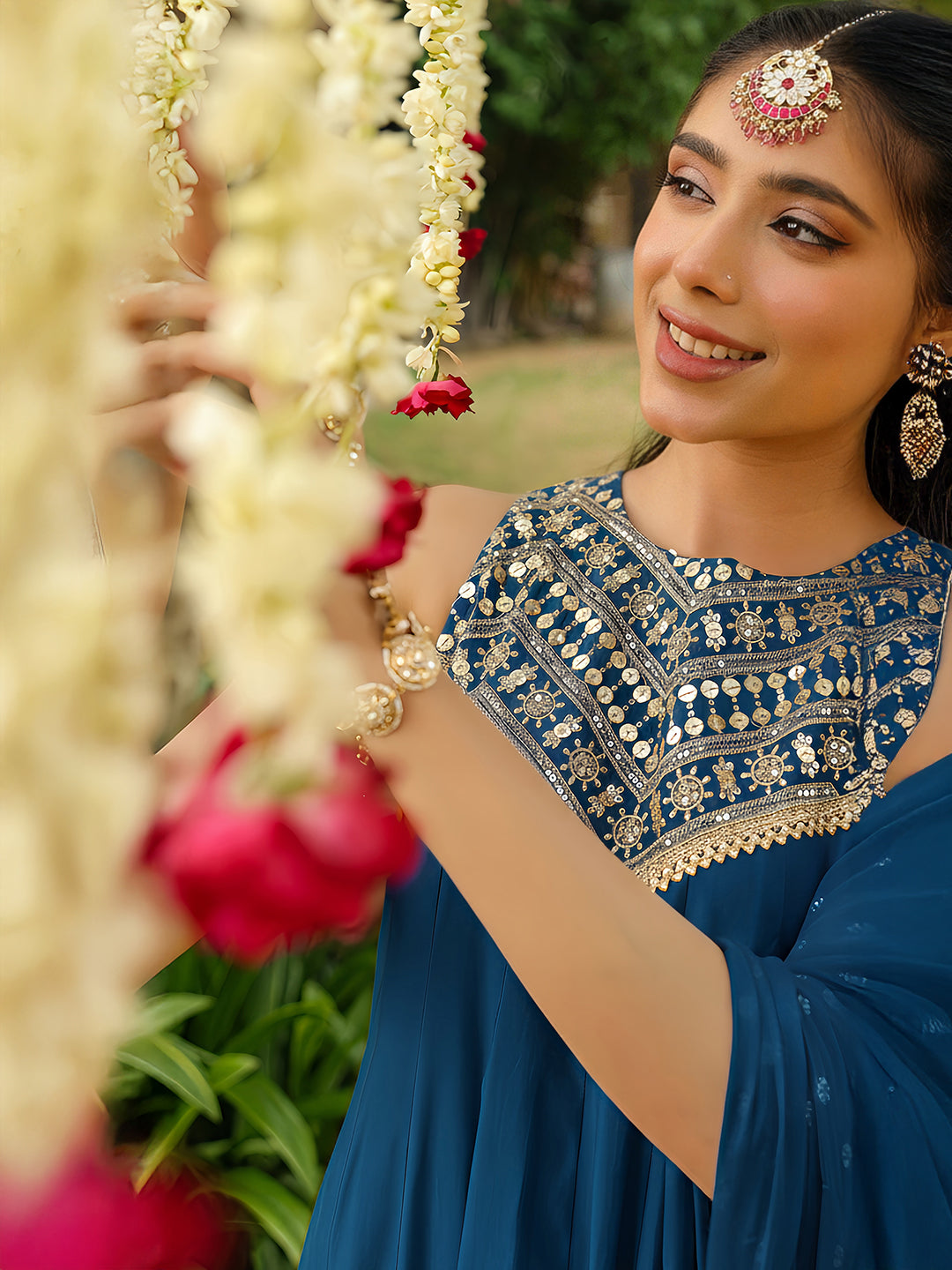 Naari By Shree Women's Teal Blue Chanderi Silk Embellished Anarkali Kurta Set With Dupatta