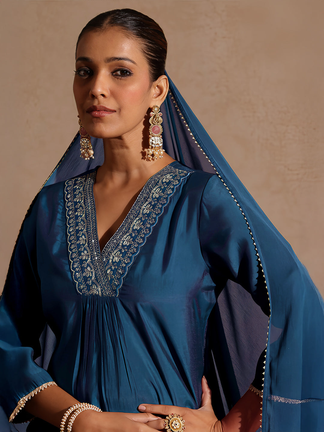 Naari By Shree Women's Teal Blue Chanderi Silk Embellished Straight Kurta Set