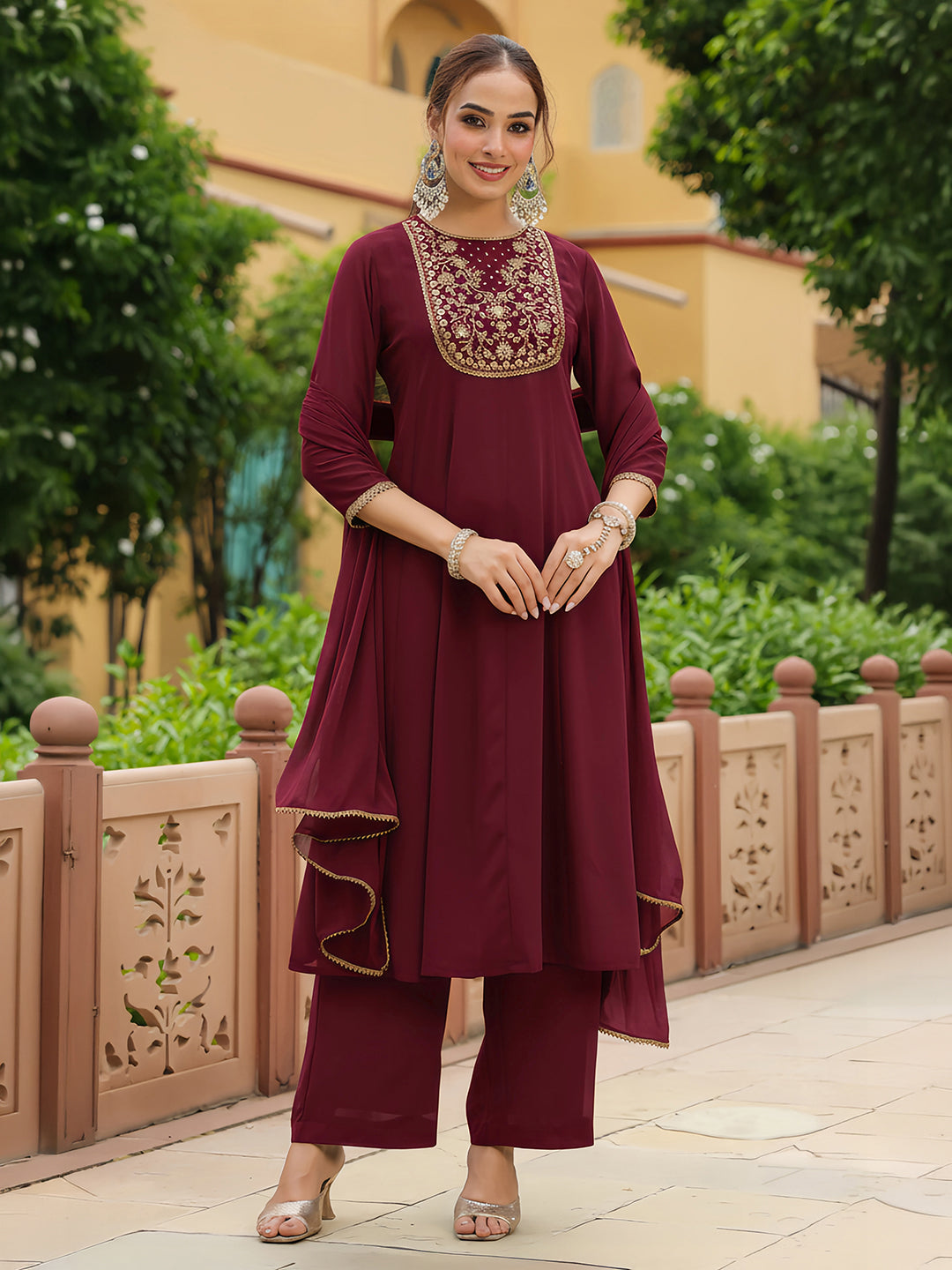 Naari By Shree Women's Maroon Georgette Zari Yoke Embroidered Anarkali Kurta With Palazzo & Dupatta Set