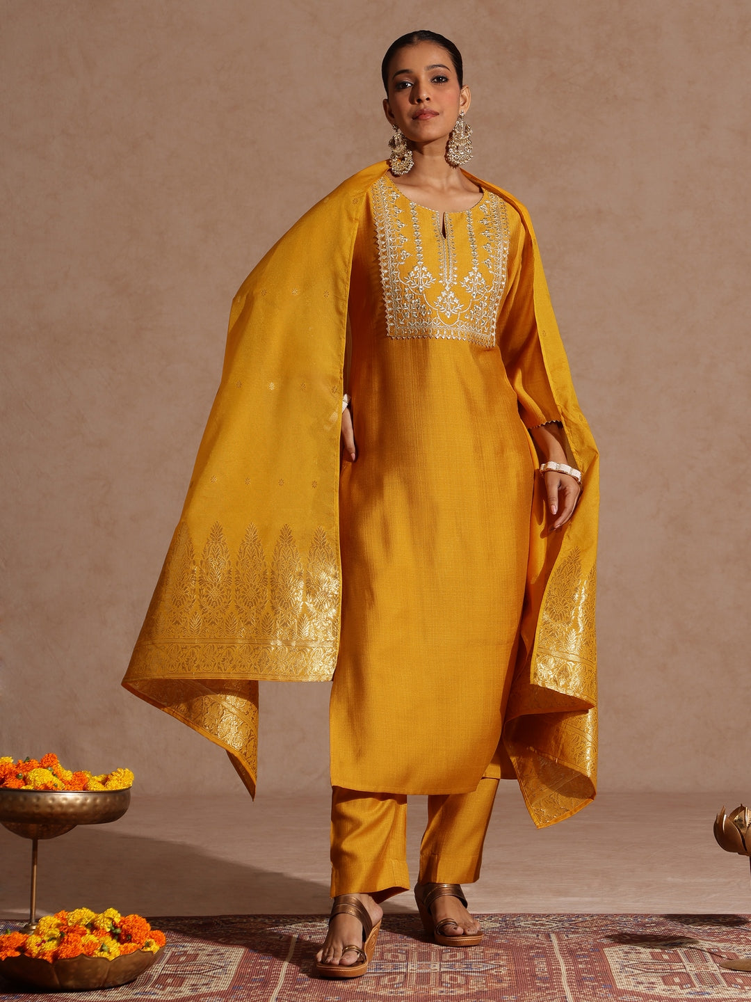 Naari By Shree Women's Mustard Silk Blend Zari Yoke Embroidered Straight Kurta Set
