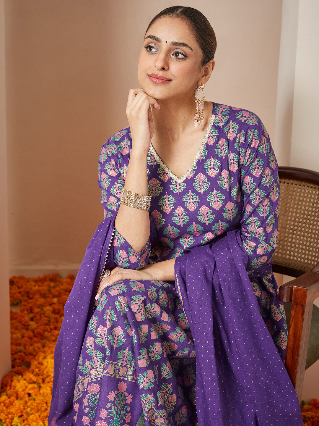 Naari By Shree Women's Purple Rayon Ethnic Motifs Gold Printed Anarkali Kurta Set