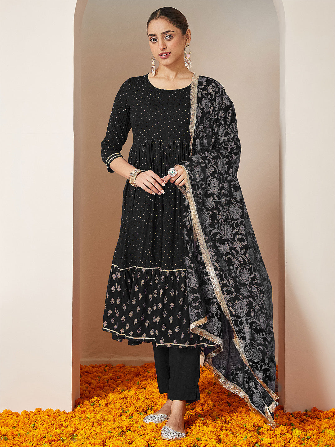 Naari By Shree Women's Black Rayon Gold Printed Anarkali Kurta Set