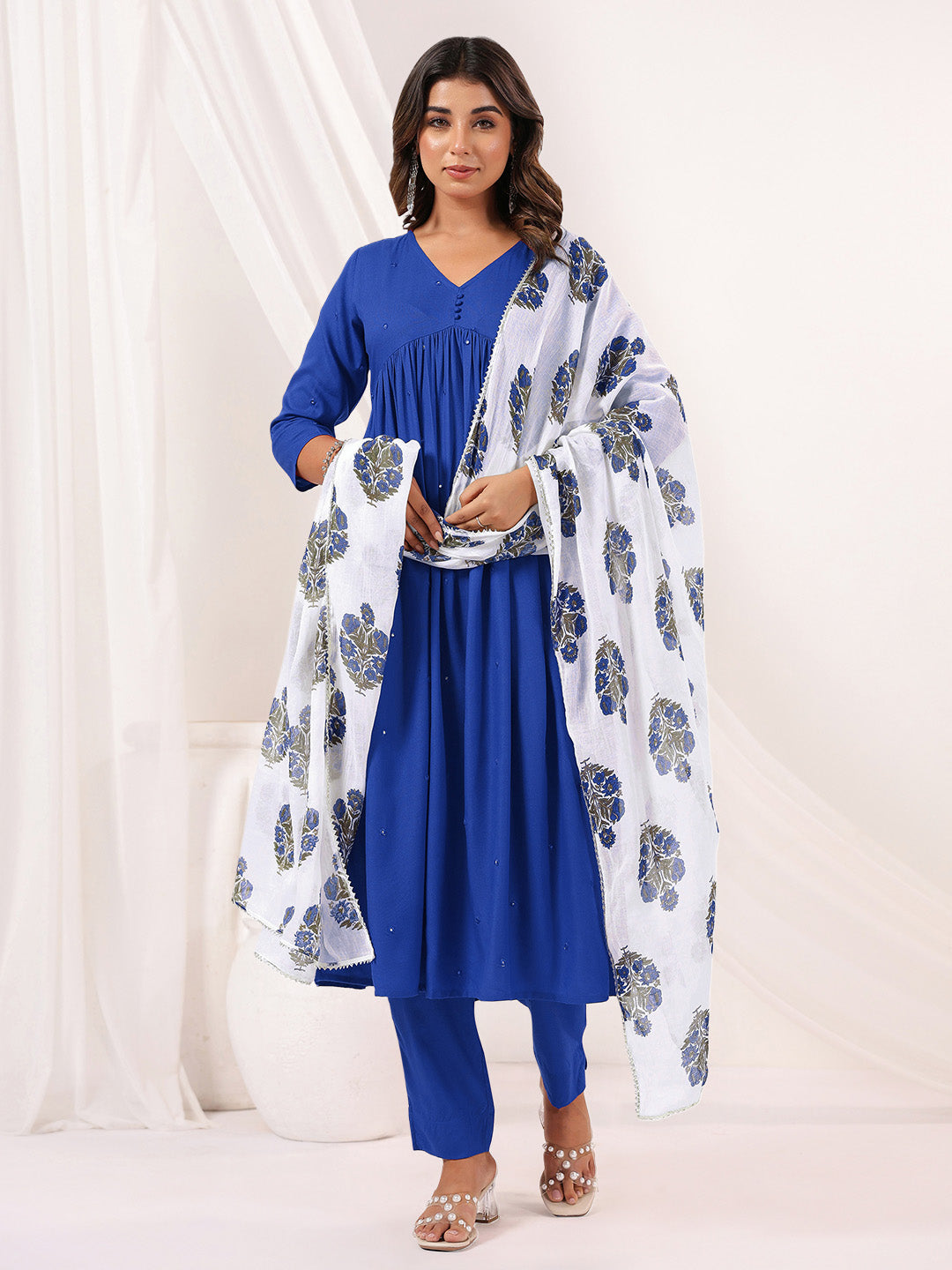 Naari By Shree Women's Blue Rayon Embellished Mirror Work A-line Kurta Set