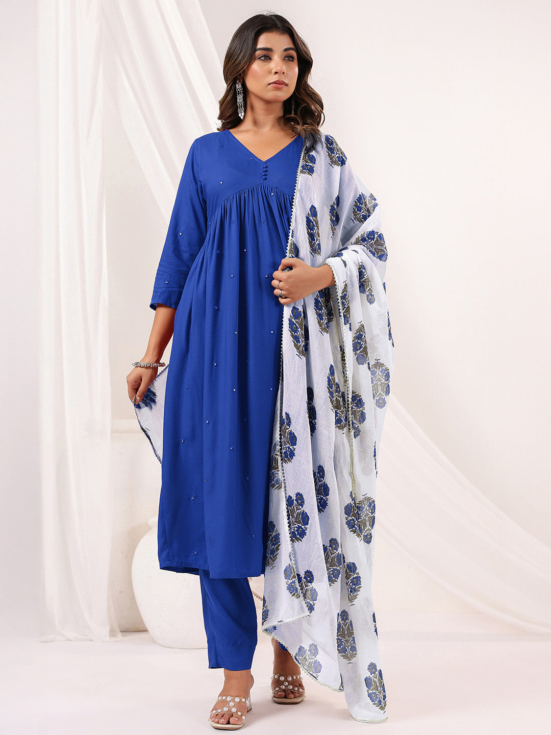 Naari By Shree Women's Blue Rayon Embellished Mirror Work A-line Kurta Set
