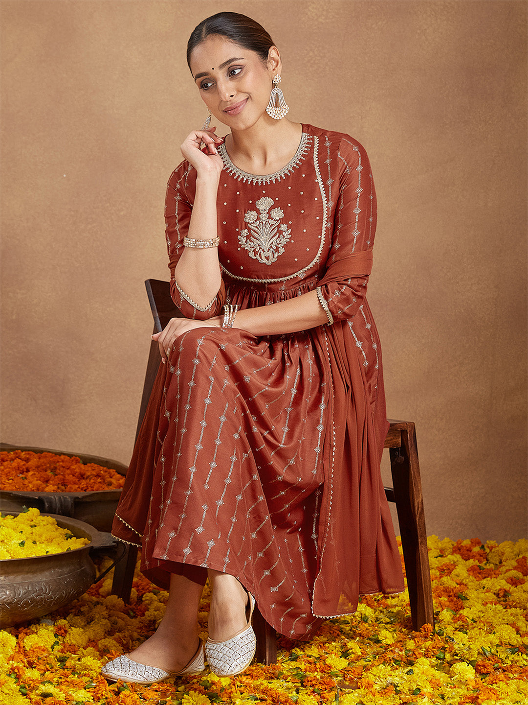 Naari By Shree Women's Rust Silk Blend Yoke Embroidered Gold Printed A-line Kurta Set With Dupatta