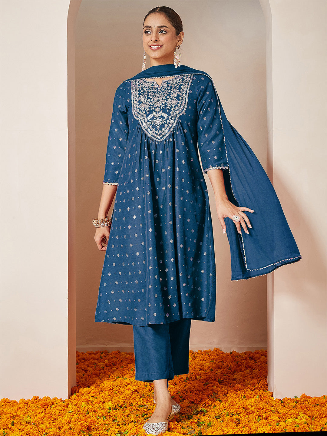 Naari By Shree Women's Teal Blue Silk Blend Yoke Embroidered Gold Printed A-line Kurta Set With Dupatta