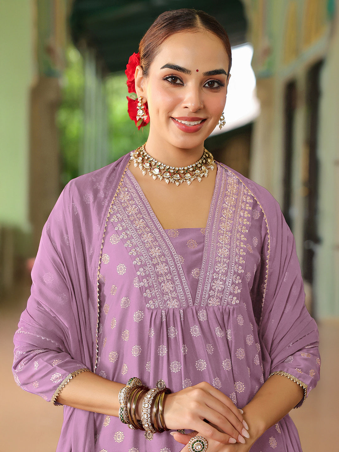 Naari By Shree Women's Lavender Silk Blend Embellished Gold Printed A-line Kurta Set With Dupatta