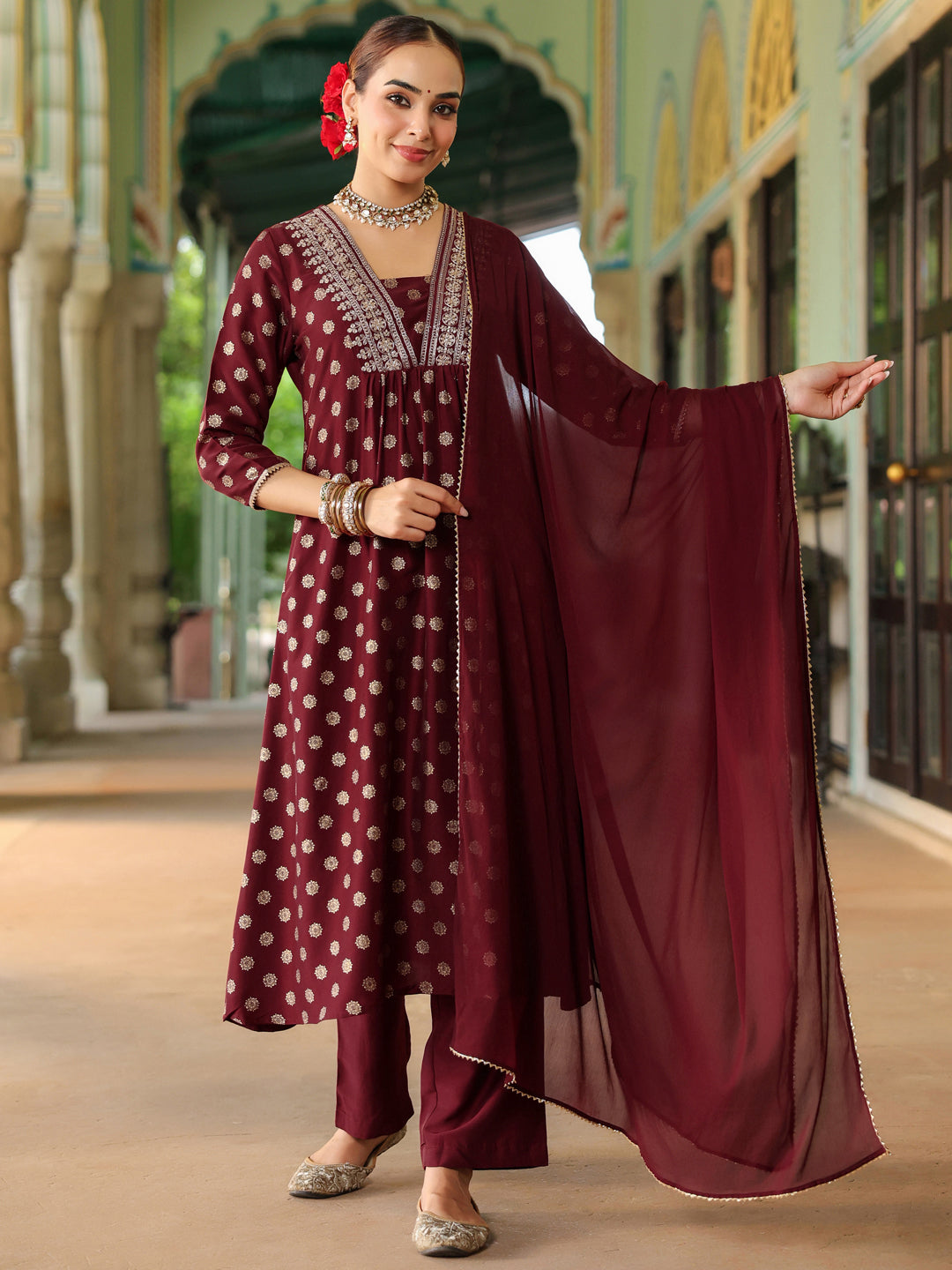Naari By Shree Women's Maroon Silk Blend Embellished Gold Printed A-line Kurta Set With Dupatta