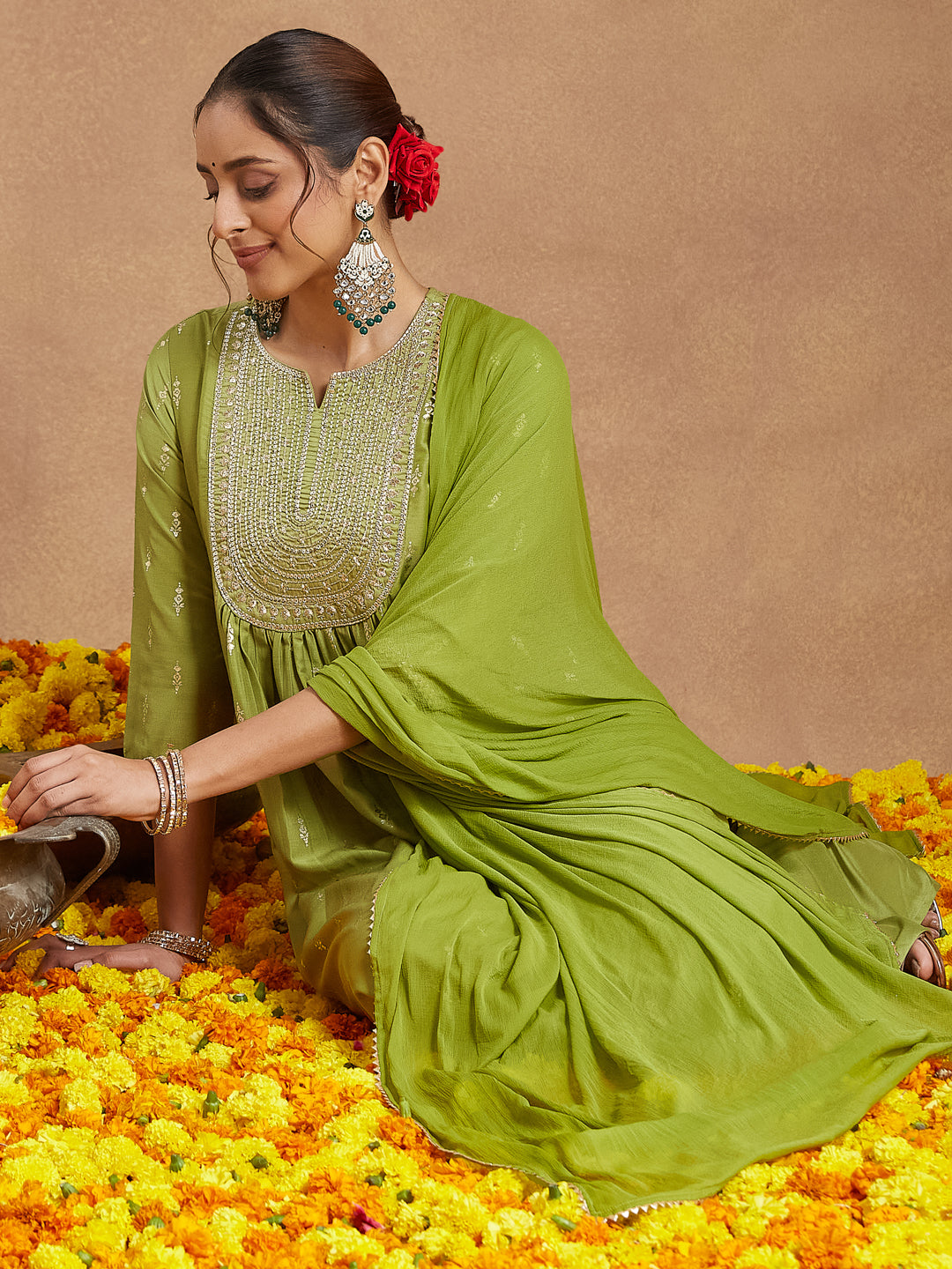 Naari By Shree Women's Lime Green Silk Blend Zari Yoke Embroidered Gold Printed A-line Kurta Set