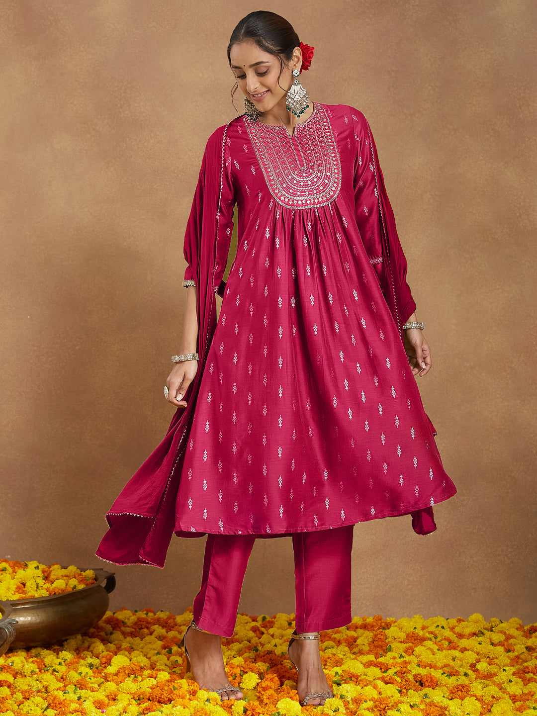 Naari By Shree Women's Pink Silk Blend Zari Yoke Embroidered Gold Printed A-line Kurta Set With Dupatta