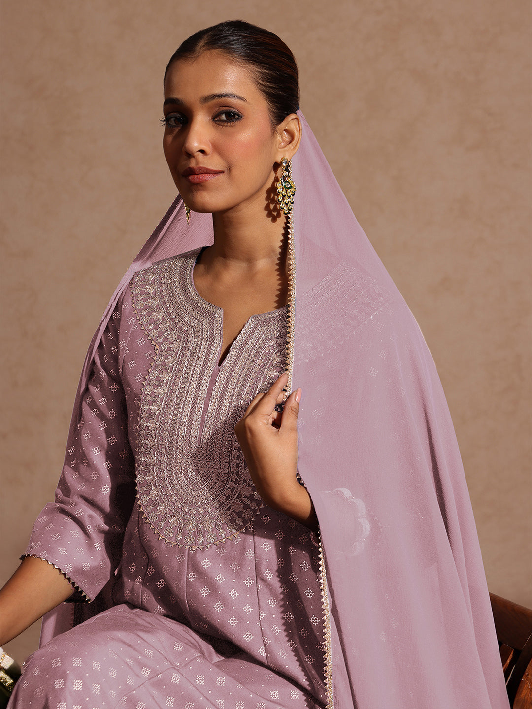 Naari By Shree Women's Lavender Silk Blend Zari Embroidered Gold Printed Anarkali Kurta Set