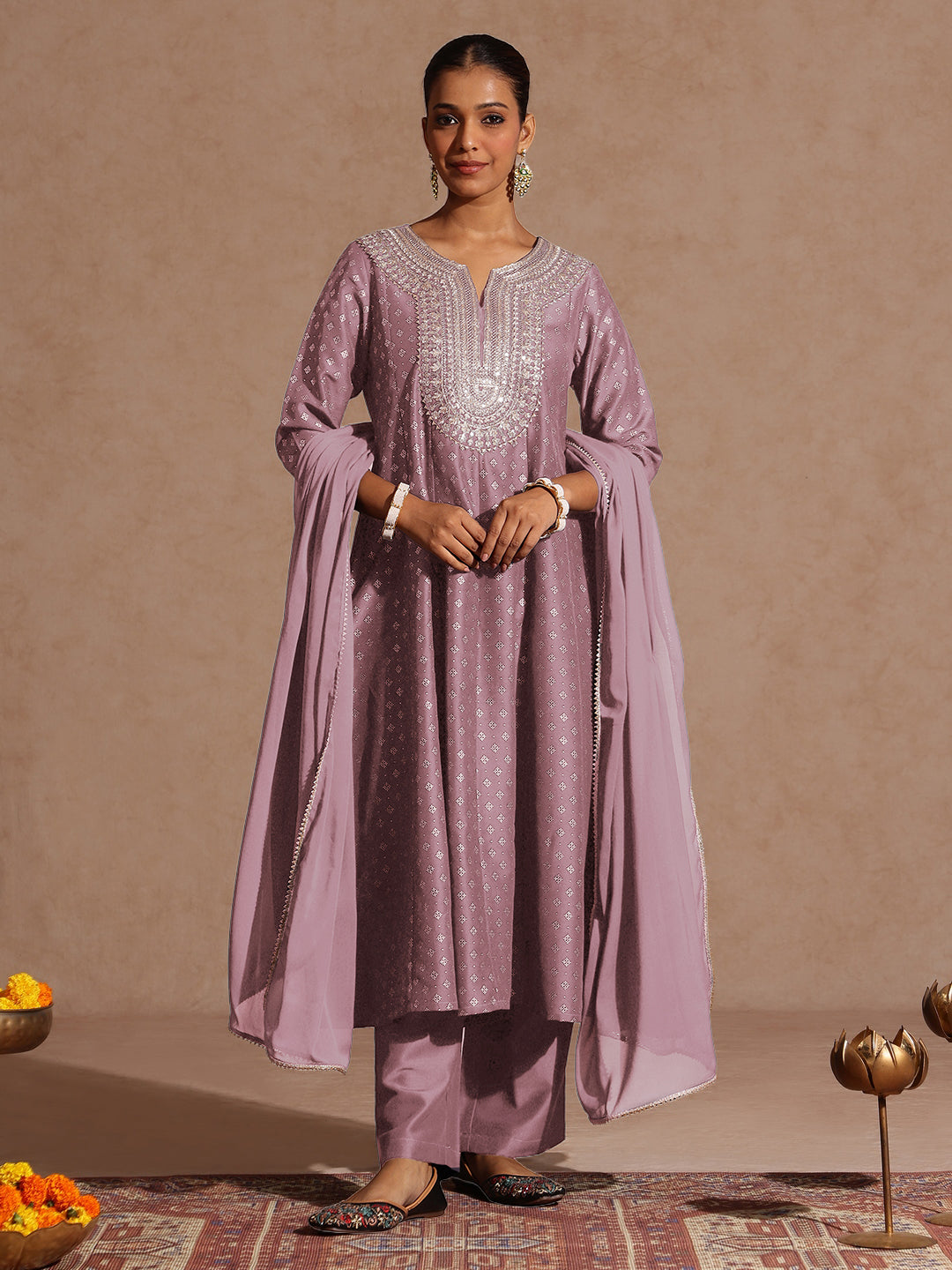 Naari By Shree Women's Lavender Silk Blend Zari Embroidered Gold Printed Anarkali Kurta Set