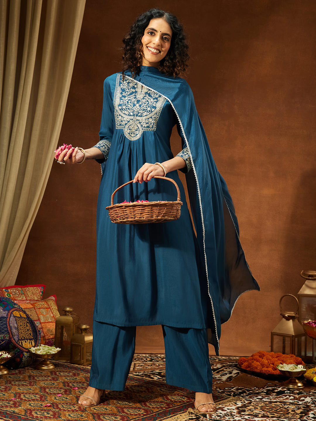 Naari By Shree Women's Teal Blue Chanderi Silk Zari Embroidered A-line Kurta Set