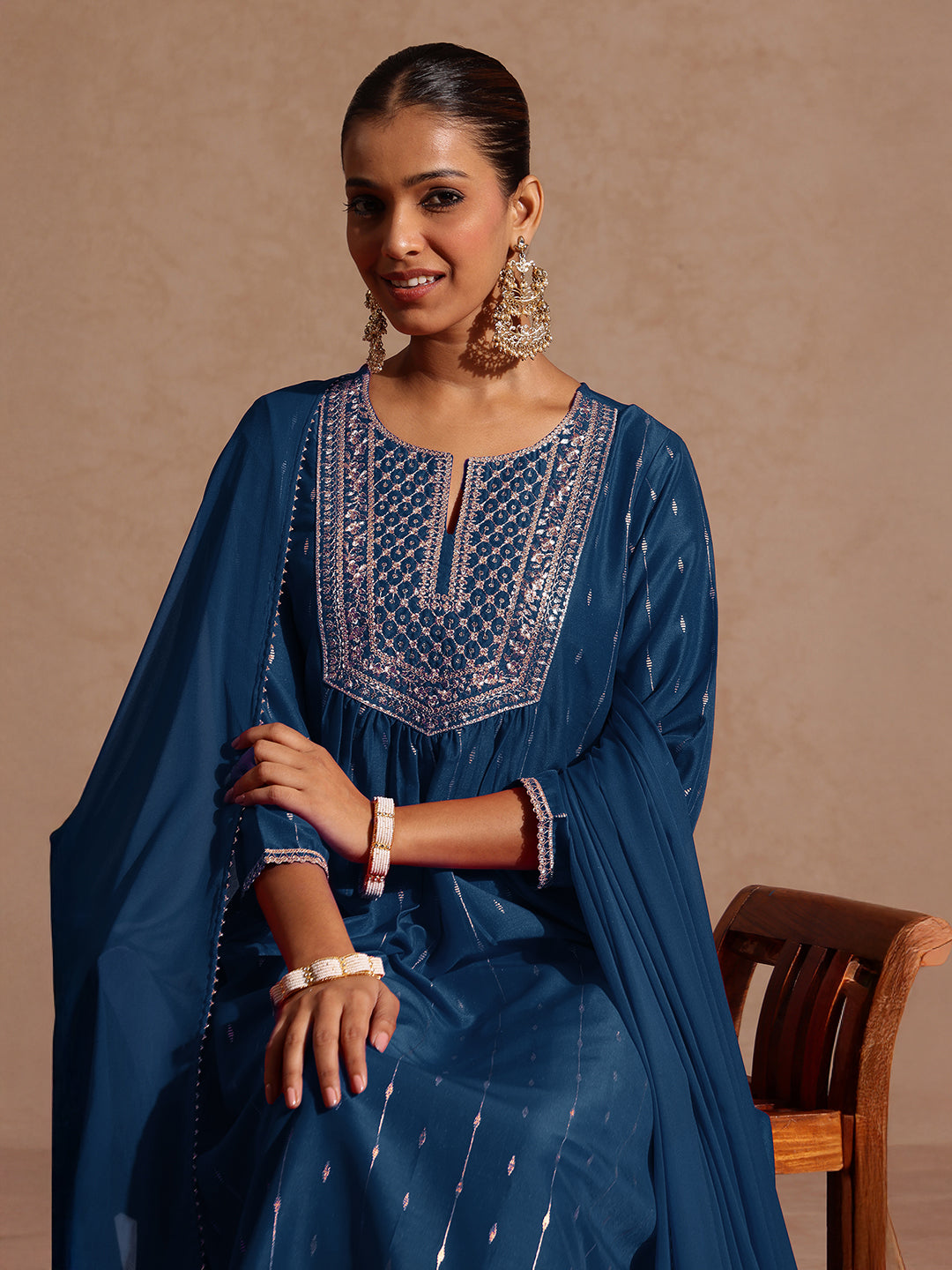 Naari By Shree Women's Teal Blue Silk Blend Zari Yoke Embroidered A-line Kurta Set With Dupatta