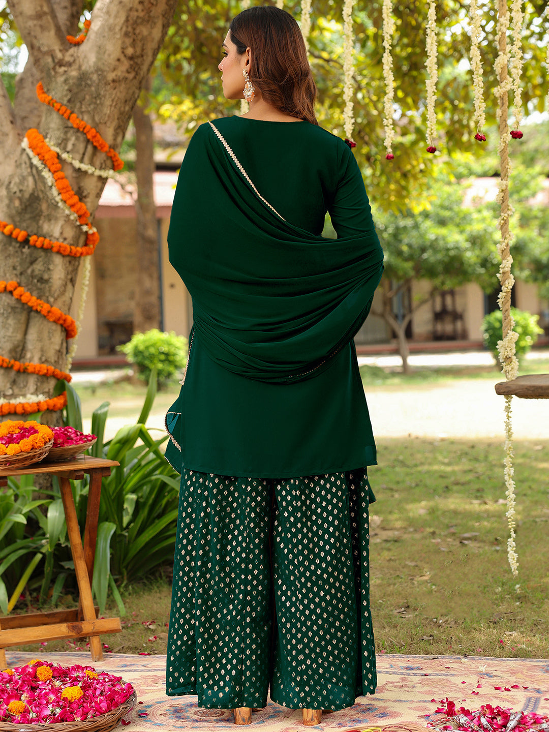 Naari By Shree Women's Dark Green Georgette Embroidered Straight Kurta With Sharara & Dupatta Set