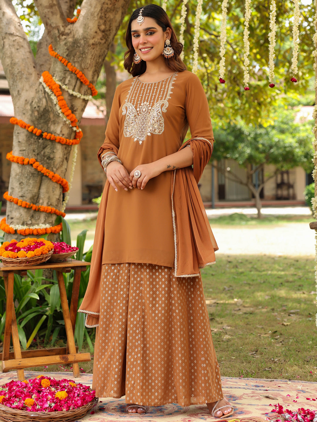 Naari By Shree Women's Brown Georgette Embroidered Straight Kurta With Sharara & Dupatta Set