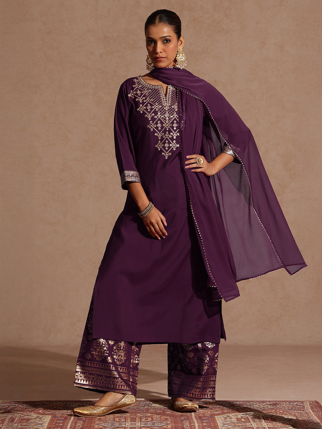 Naari By Shree Women's Wine Chanderi Silk Embellished Straight Kurta With Palazzo & Dupatta Set