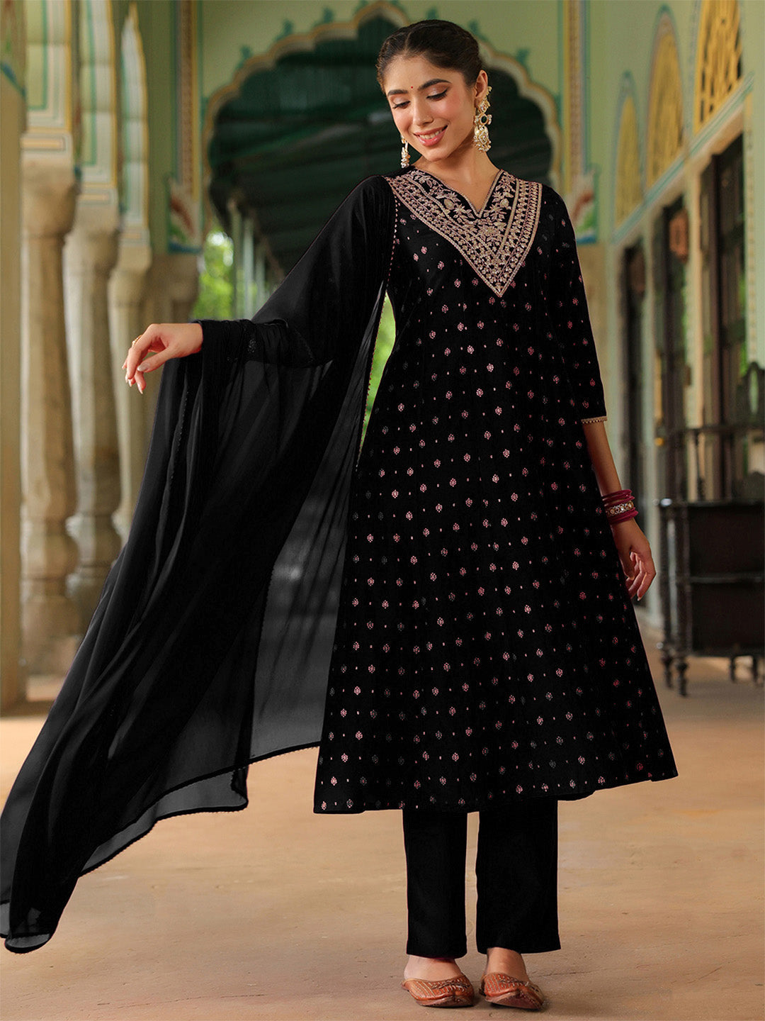 Naari By Shree Women's Black Silk Blend Zari Yoke Embroidered Gold Printed Anarkali Kurta Set