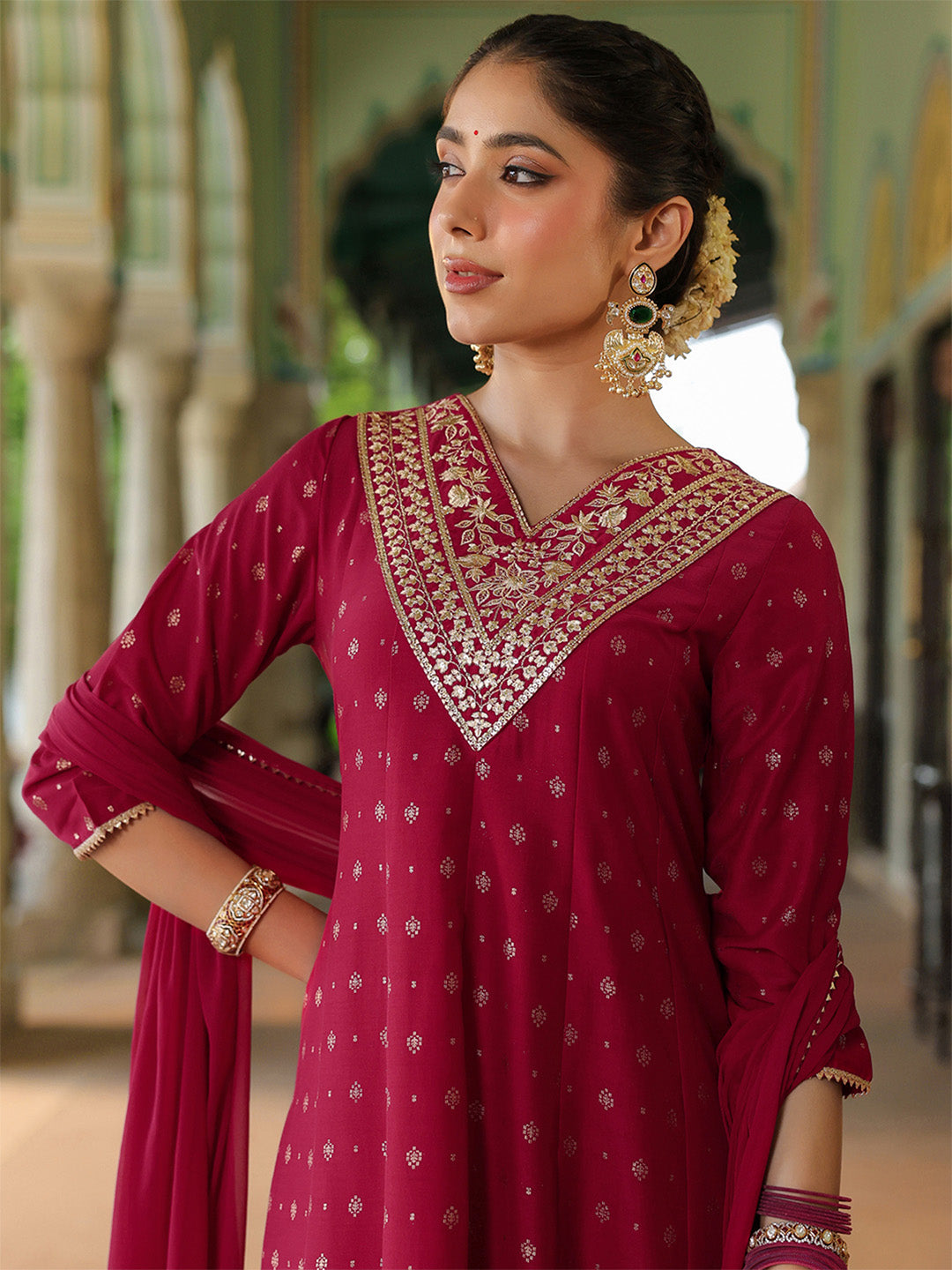 Naari By Shree Women's Pink Silk Blend Zari Yoke Embroidered Gold Printed Anarkali Kurta Set