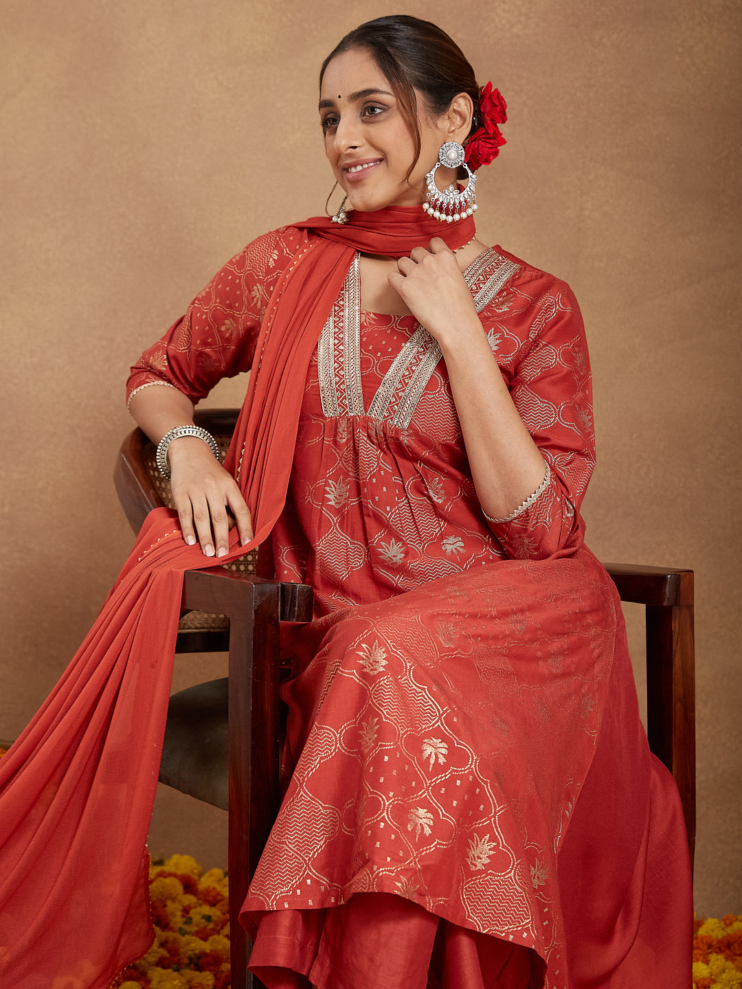 Naari By Shree Women's Rust Silk Blend Embellished Gold Printed A-line Kurta Set
