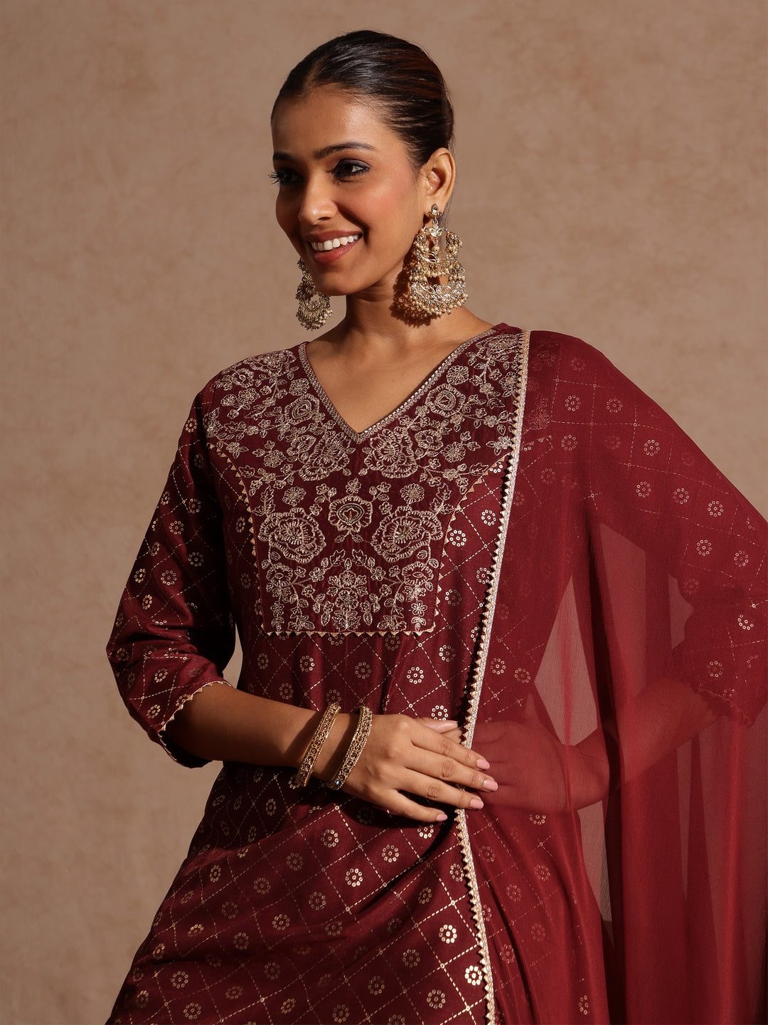 Naari By Shree Women's Maroon Silk Blend Foil Printed Yoke Embroidered A-line Kurta Set