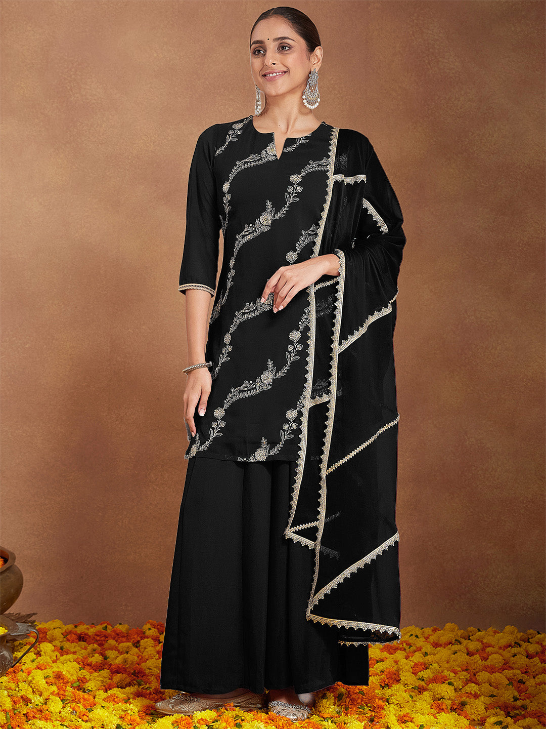 Naari By Shree Women's Black Georgette Zari Embroidered Straight Kurta With Palazzo & Dupatta Set