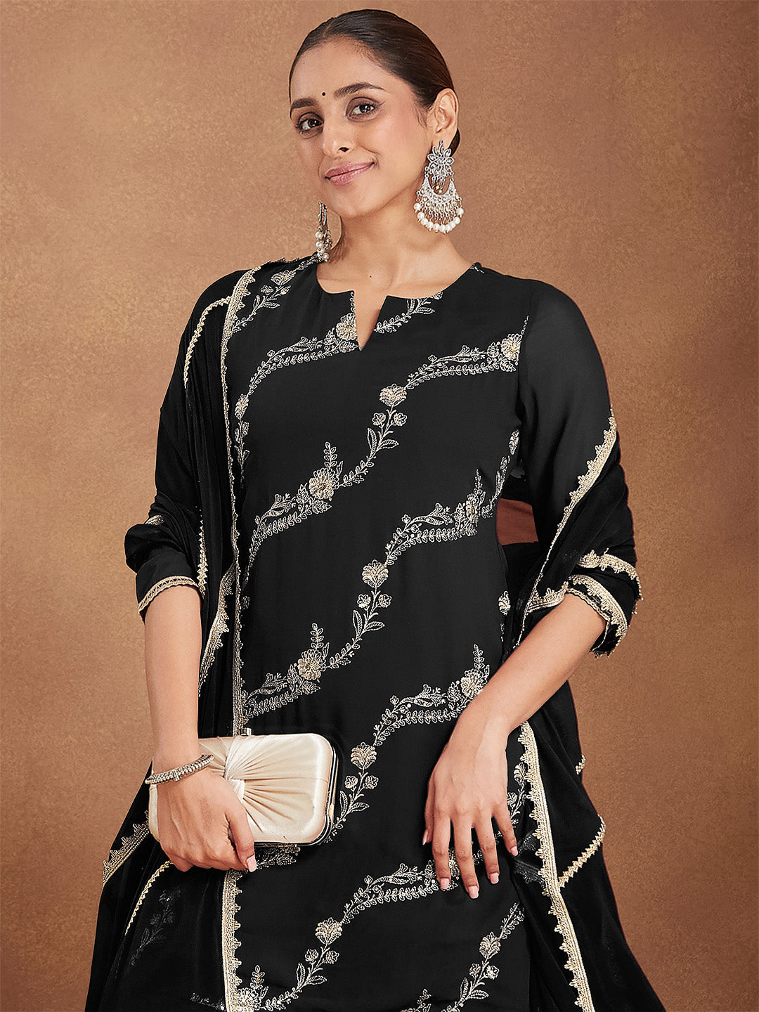 Naari By Shree Women's Black Georgette Zari Embroidered Straight Kurta With Palazzo & Dupatta Set
