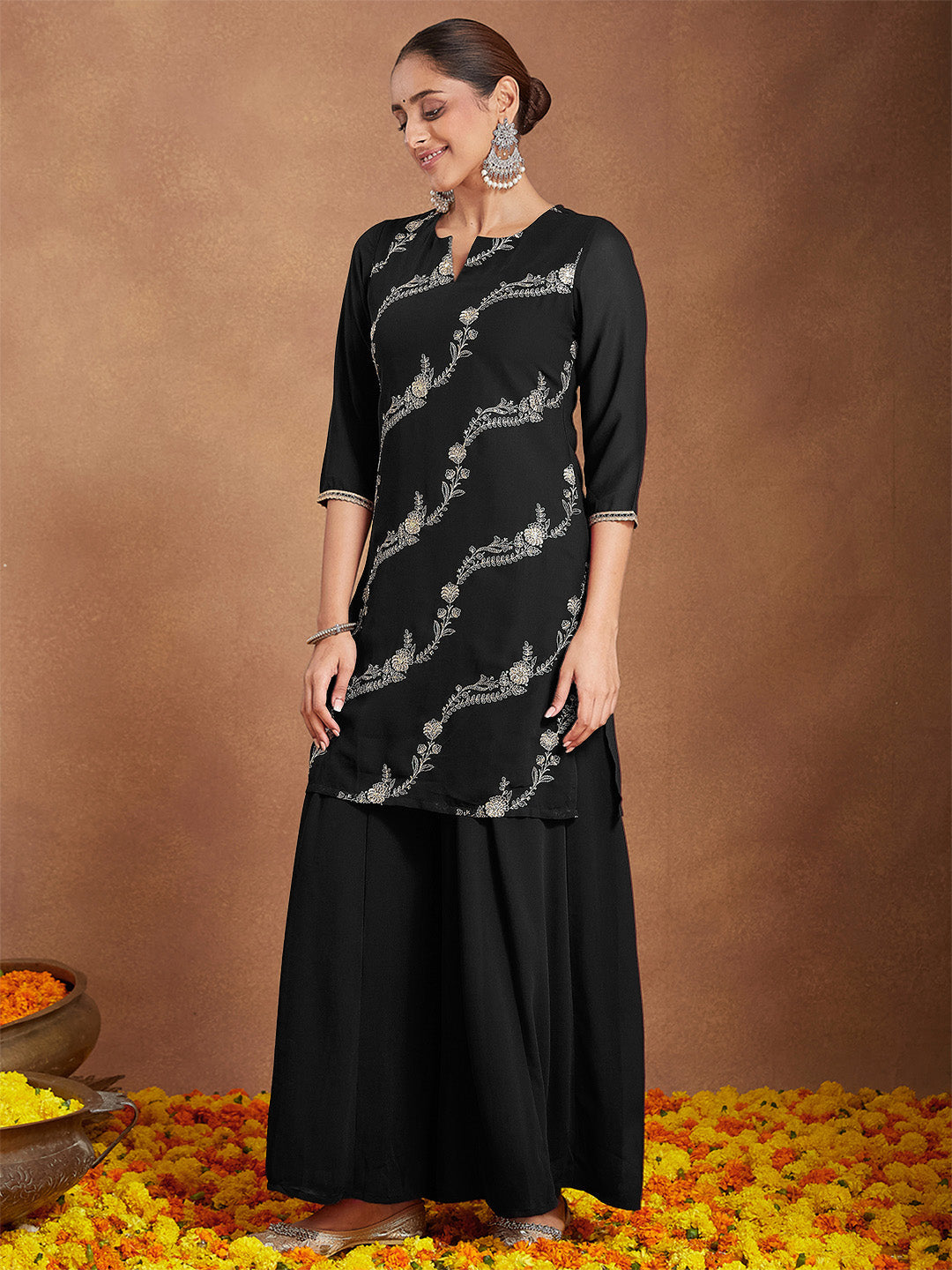 Naari By Shree Women's Black Georgette Zari Embroidered Straight Kurta With Palazzo & Dupatta Set