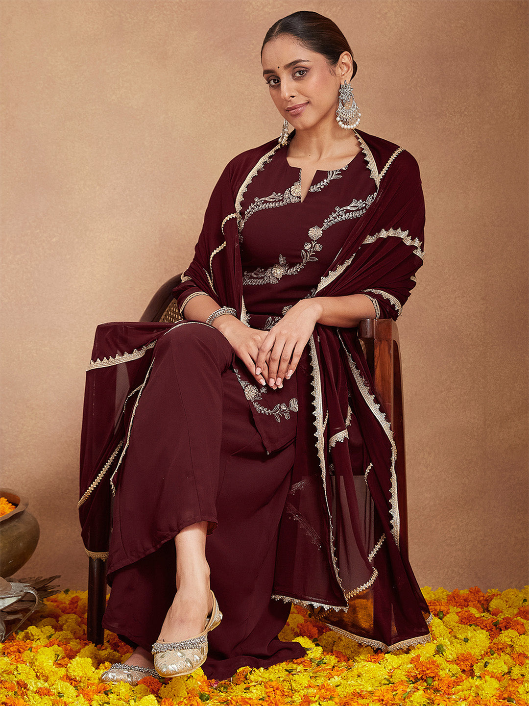 Naari By Shree Women's Maroon Georgette Zari Embroidered Kurta With Sharara & Dupatta Set