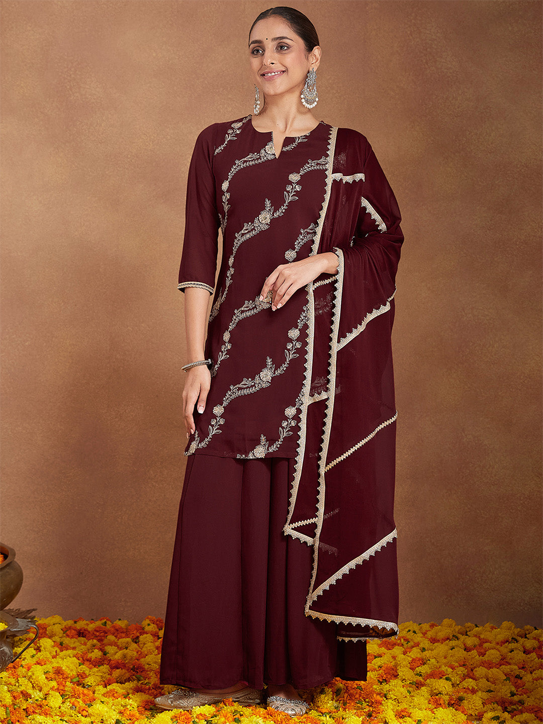 Naari By Shree Women's Maroon Georgette Zari Embroidered Kurta With Sharara & Dupatta Set