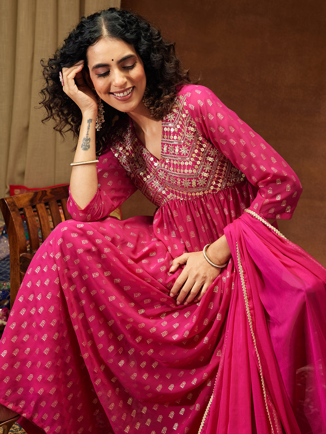 Naari By Shree Women's Pink Georgette Embellished Gold Printed A-line Kurta With Palazzo & Dupatta Set