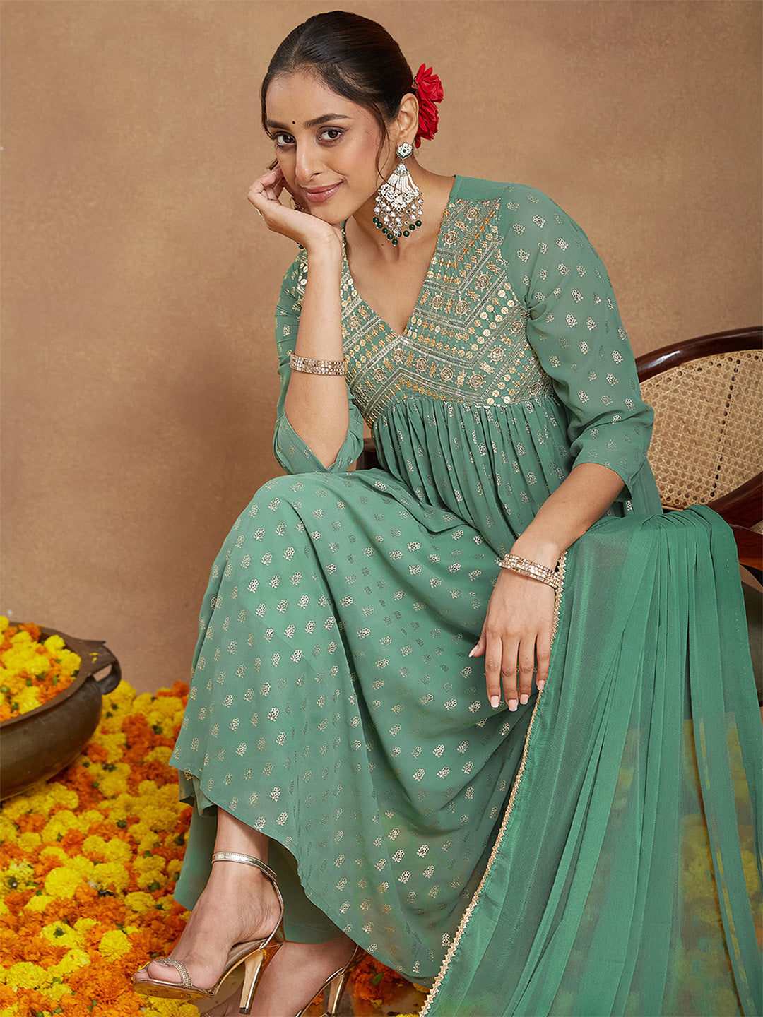 Naari By Shree Women's Sage Green Georgette Embellished Gold Printed A-line Kurta Set