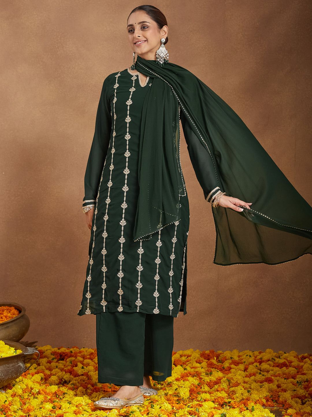Naari By Shree Women's Green Georgette Zari Embroidered Straight Kurta With Palazzo & Dupatta Set