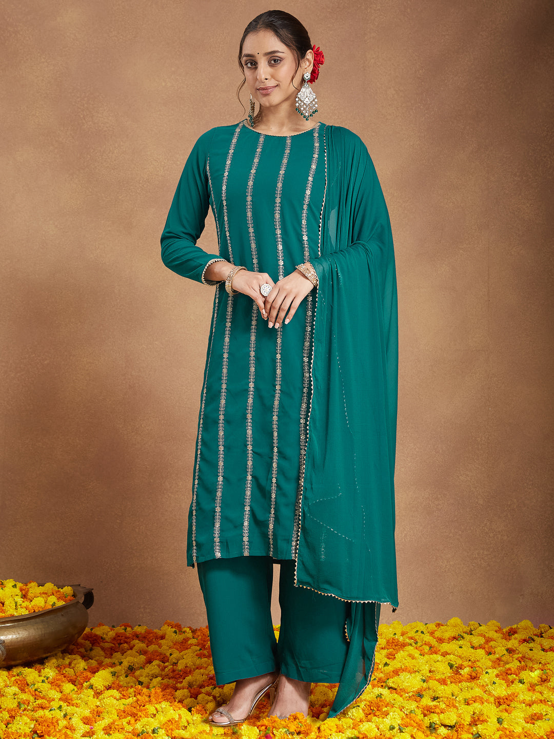 Naari By Shree Women's Sea Green Georgette Embellished Straight Kurta With Palazzo & Dupatta Set
