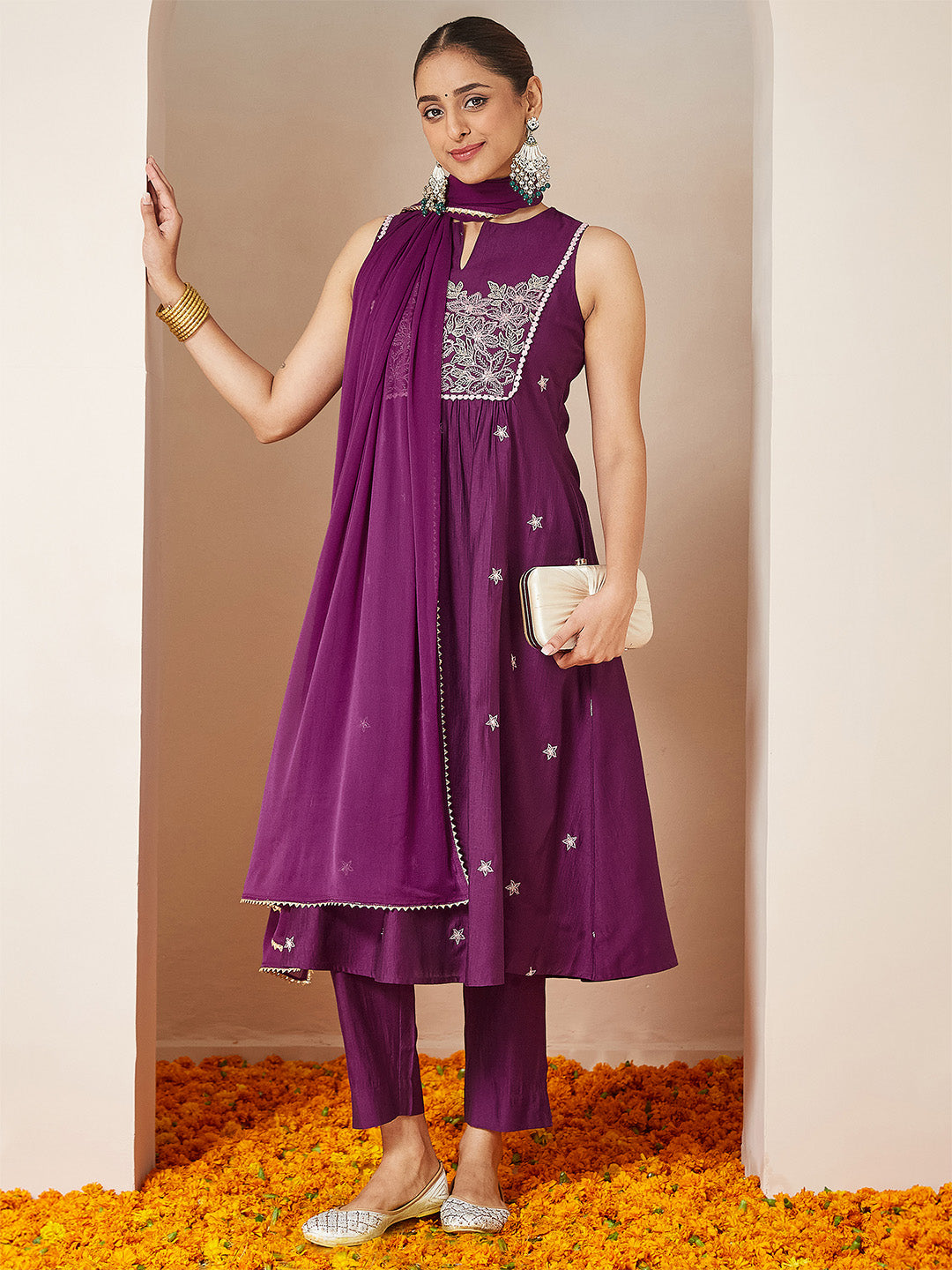 Naari By Shree Women's Purple Silk Blend Embroidered Straight Kurta Set