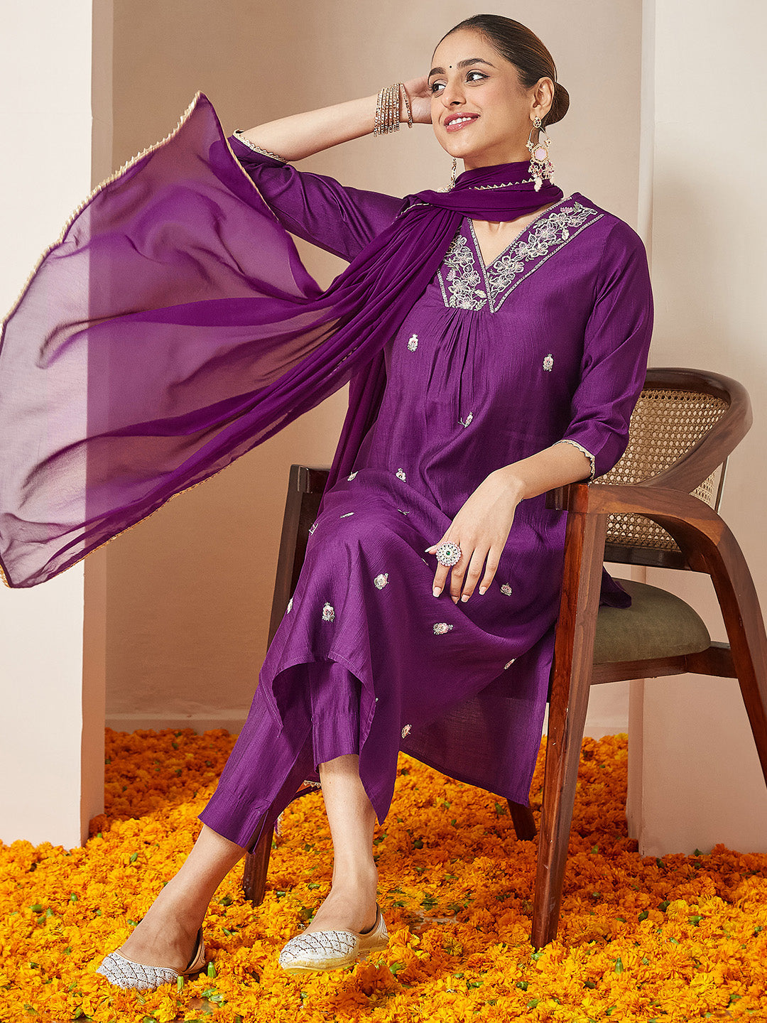 Naari By Shree Women's Purple Silk Blend Embroidered A-line Kurta Set