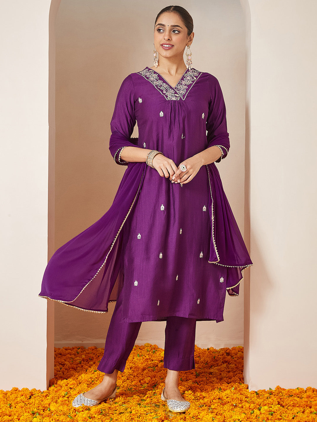 Naari By Shree Women's Purple Silk Blend Embroidered A-line Kurta Set