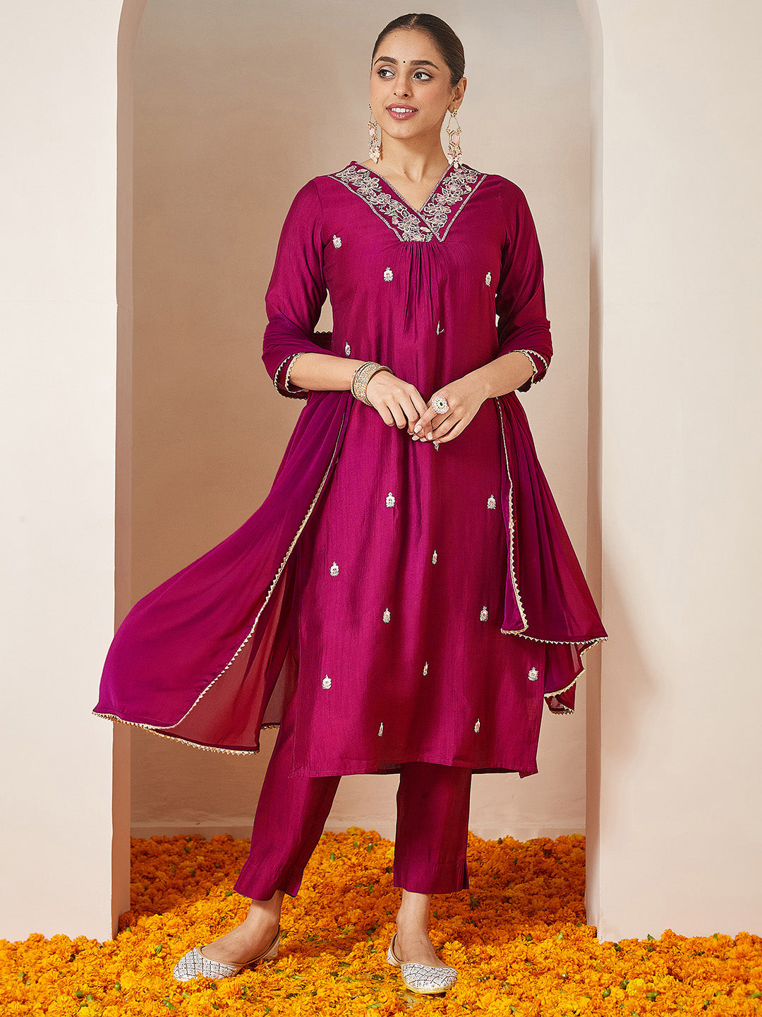 Naari By Shree Women's Pink Silk Blend Embroidered A-line Kurta Set