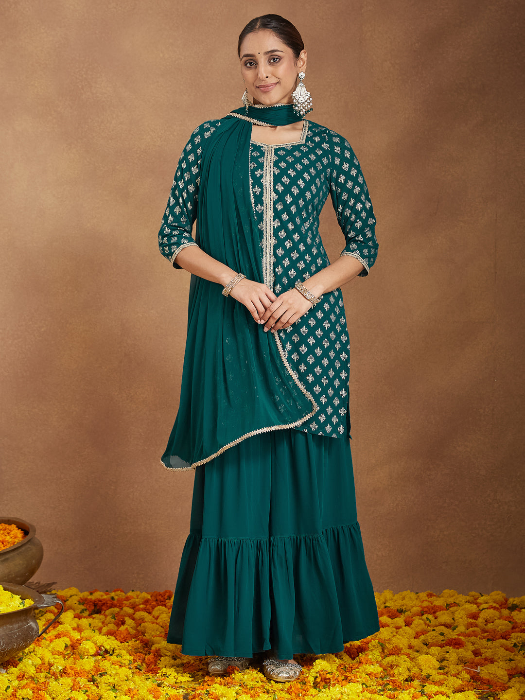 Naari By Shree Women's Teal Green Georgette Embellished Foil Printed Straight Kurta With Sharara & Dupatta