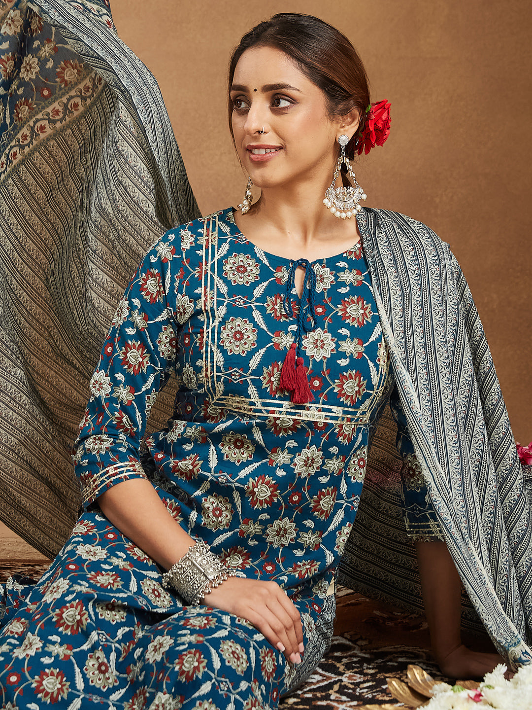 Naari By Shree Women's Teal Blue Pure Cotton Floral Printed Straight Kurta Set