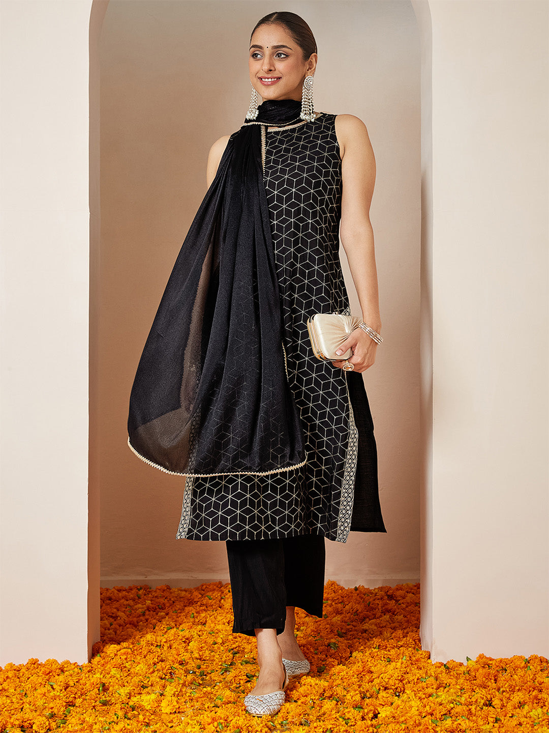 Naari By Shree Women's Black Chanderi Silk Embellished Gold Printed Straight Kurta Set