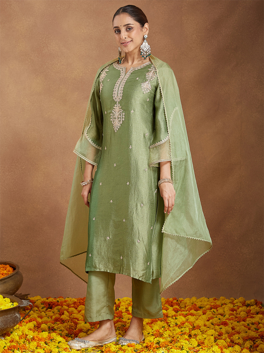 Naari By Shree Women's Sage Green Silk Blend Zari Embroidered Straight Kurta Set