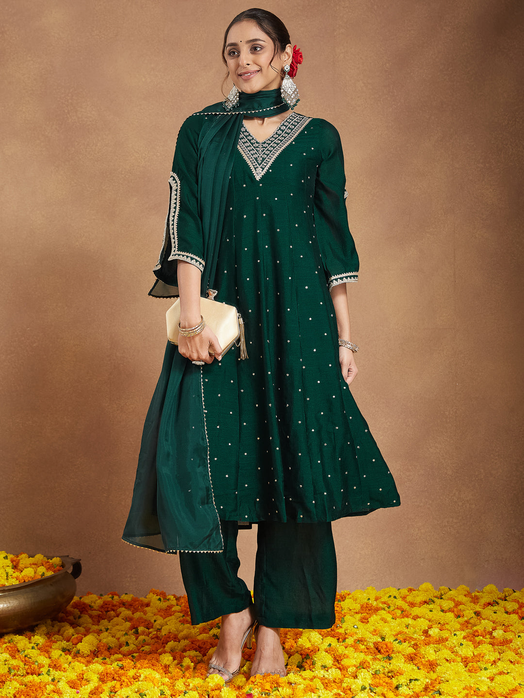 Naari By Shree Women's Green Silk Blend Zari Embroidered Anarkali Kurta With Palazzo & Dupatta Set