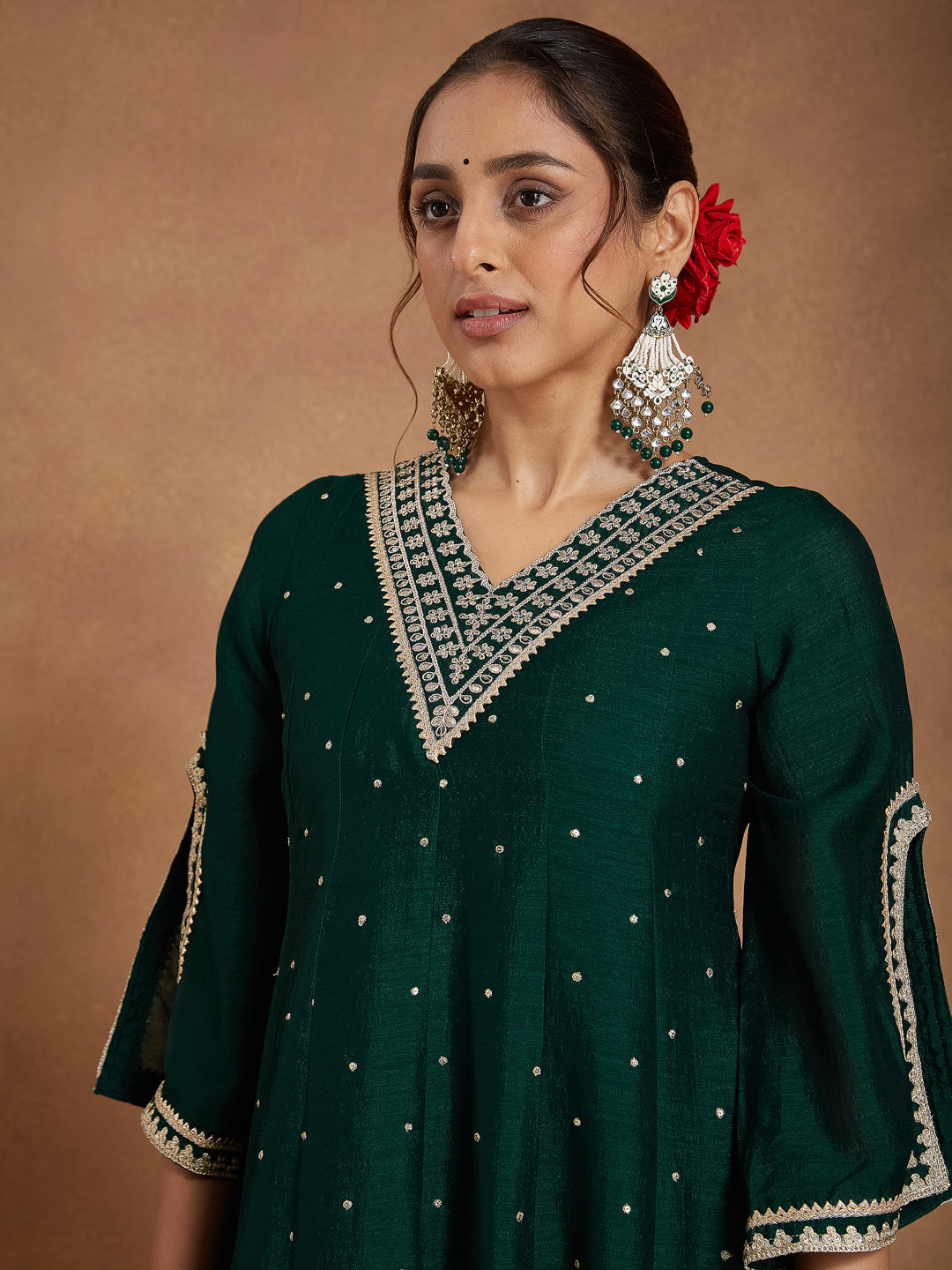 Naari By Shree Women's Green Silk Blend Zari Embroidered Anarkali Kurta With Palazzo & Dupatta Set