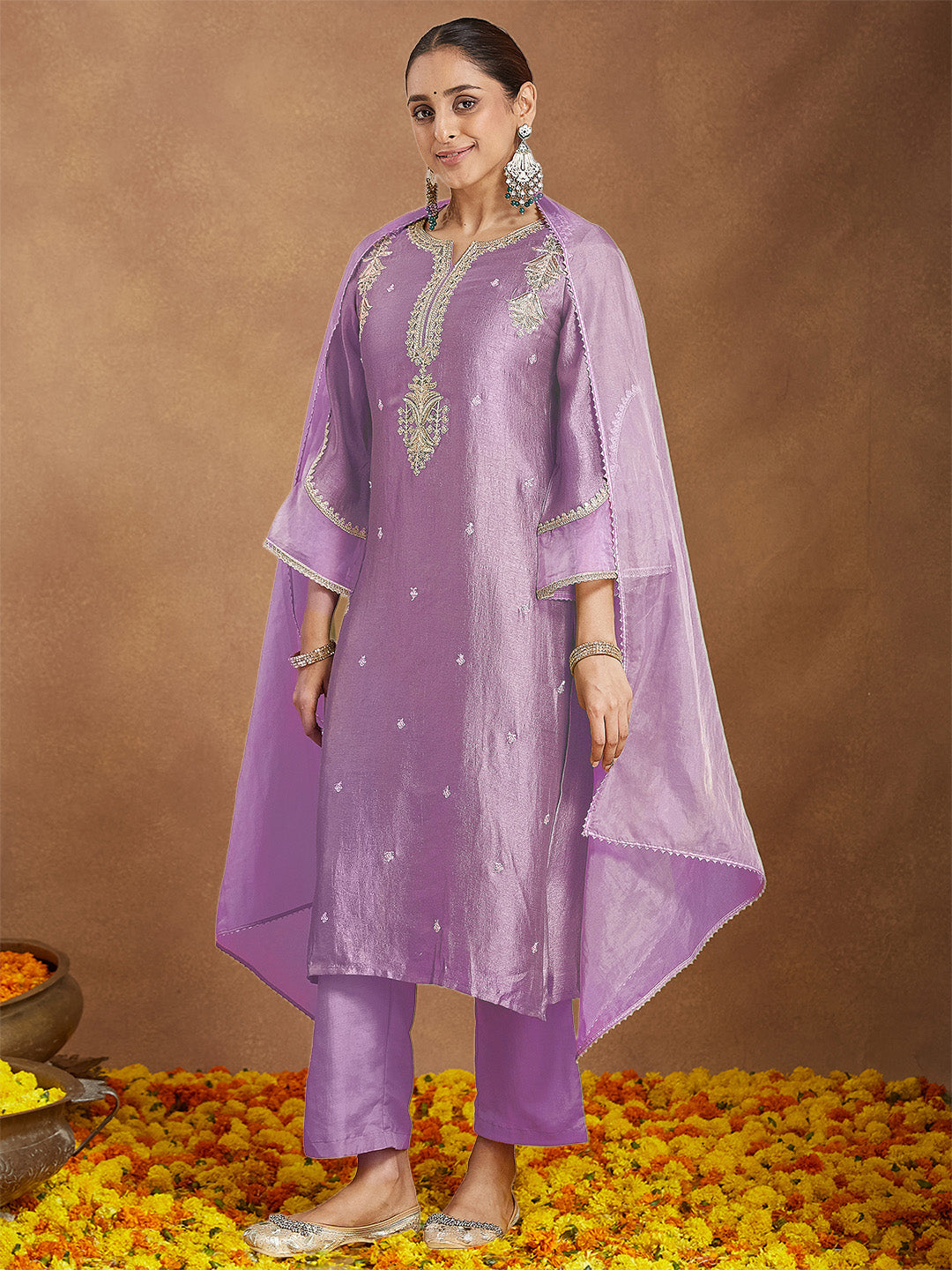 Naari By Shree Women's Lavender Silk Blend Zari Embroidered Straight Kurta Set